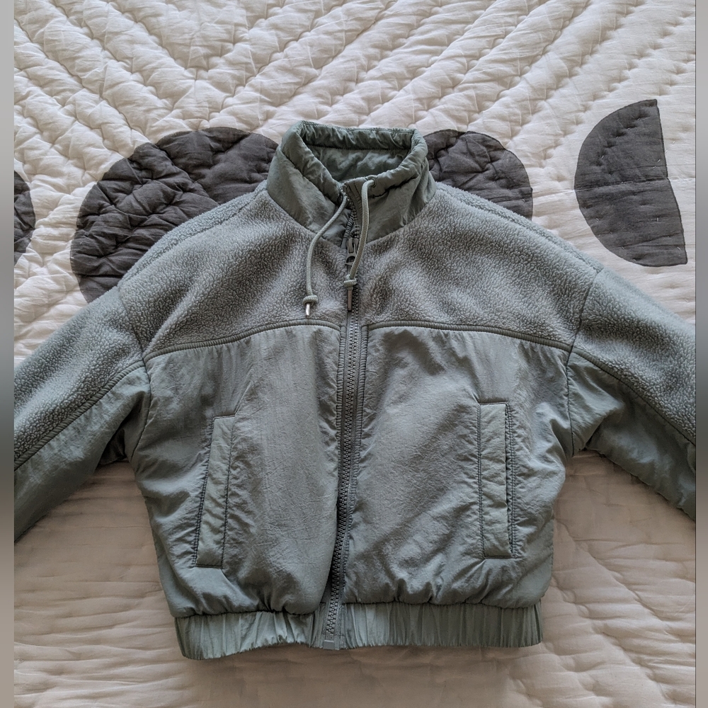 Urban Outfitters Sage Green Fleece Cropped Full Zip Bomber Jacket